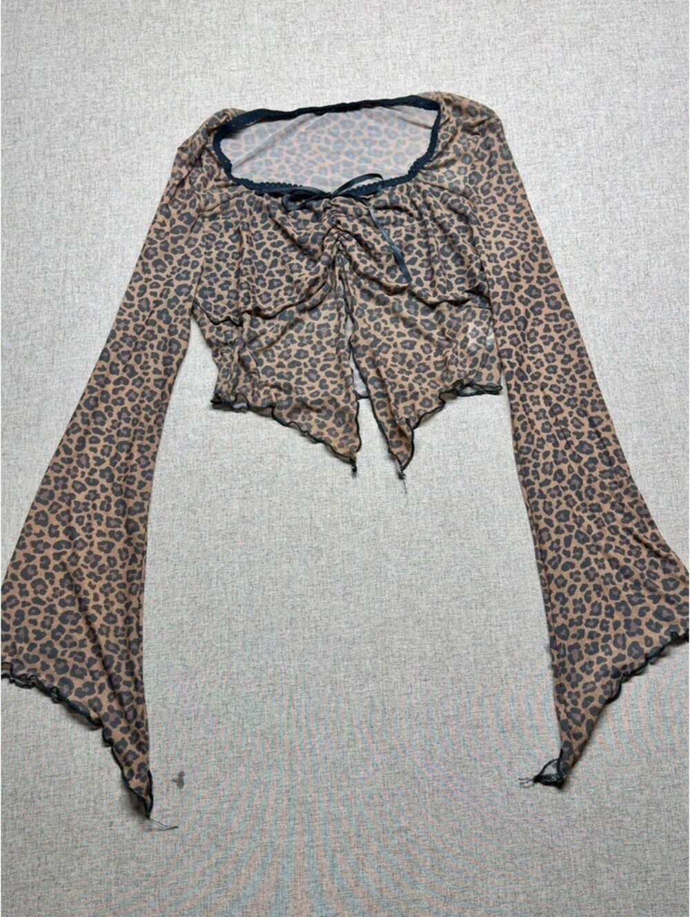 Women’s Leopard Print Mesh Crop Top Y2K Bell Sleeve Tie Front Fairy Grunge M